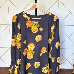 LOFT Gray Blouse with Yellow & Orange Floral Print